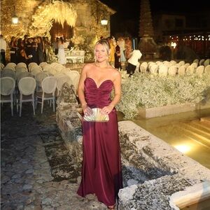 Desirie | Plum Satin Sweetheart Gathered Maxi Dress